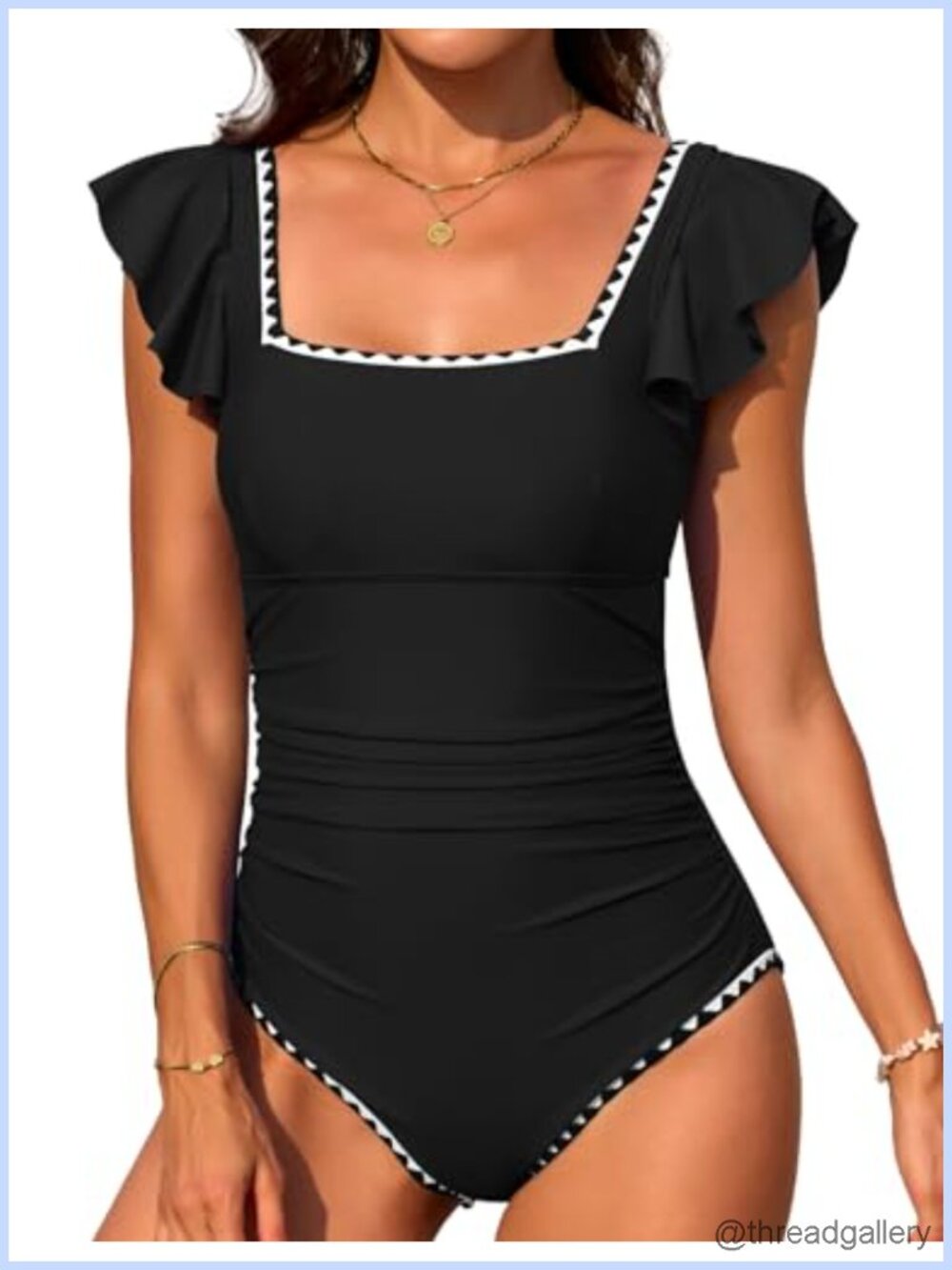 Women's One Piece Tummy Control Swimsuit Ruffle Square Neck Slimming Bathing
